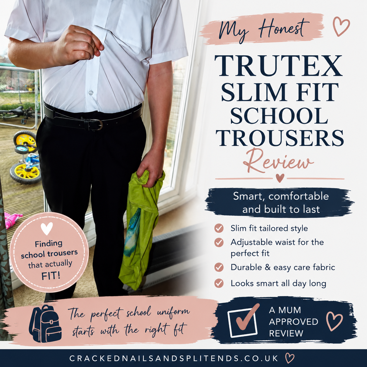 Trutex Slim Fit School Trousers review showing smart boys' school uniform with adjustable waist and tailored fit for everyday school wear.