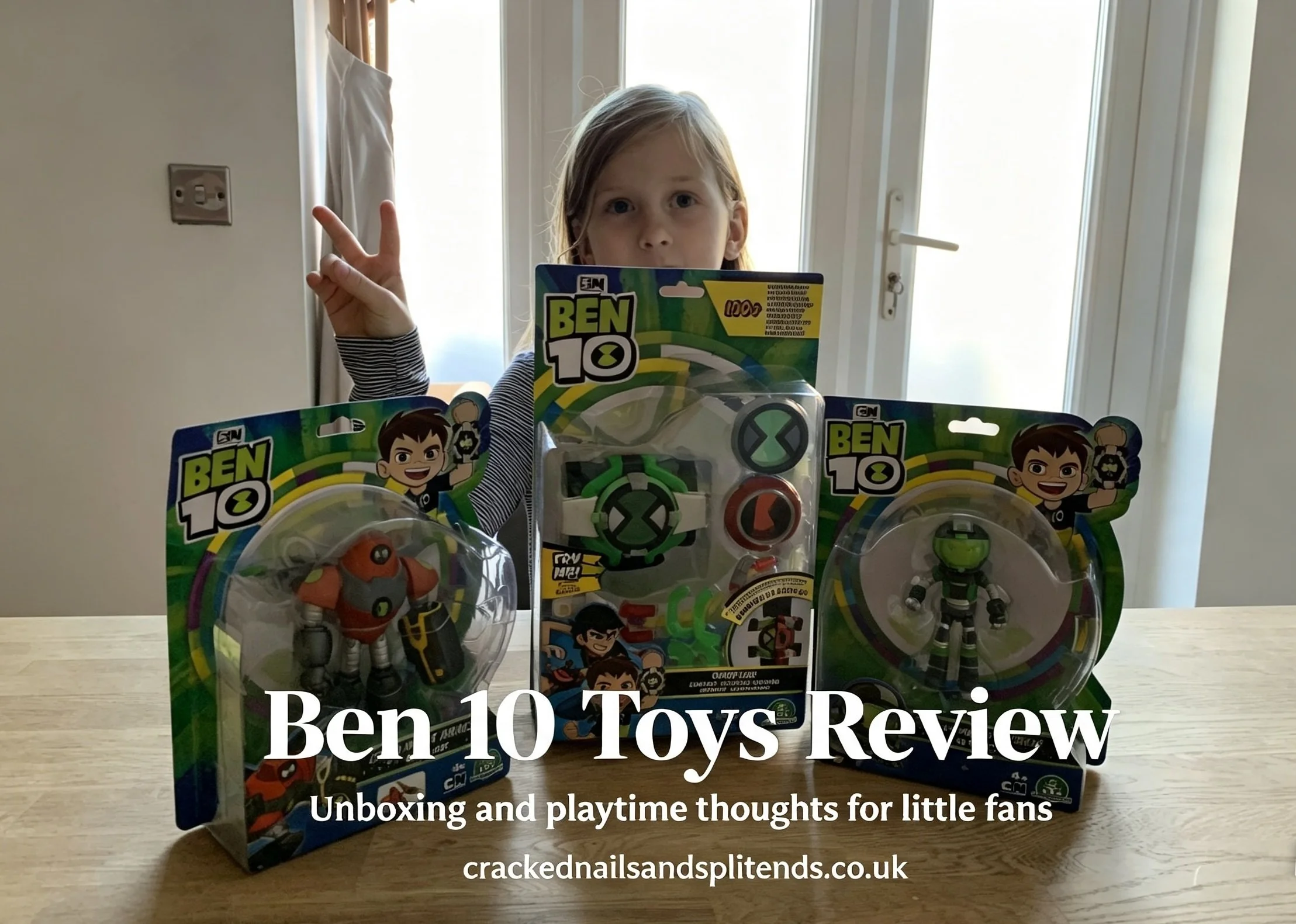 Ben 10 Omnitrix & Omni-Naut Armor toys review — Ben 10 toy set displayed on wooden table, crackednailsandsplitends.co.uk