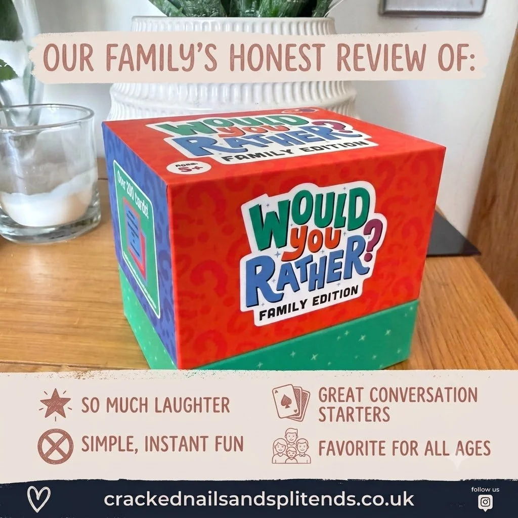 Social media graphic reviewing Would You Rather Family Edition game by crackednailsandsplitends.co.uk.