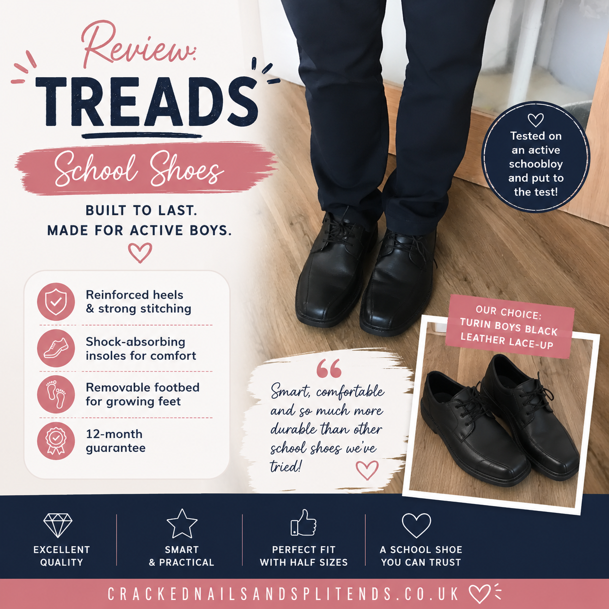 Treads school shoes review graphic showing black leather boys’ school shoes worn by an active schoolboy, highlighting their durability, comfort and 12-month guarantee.