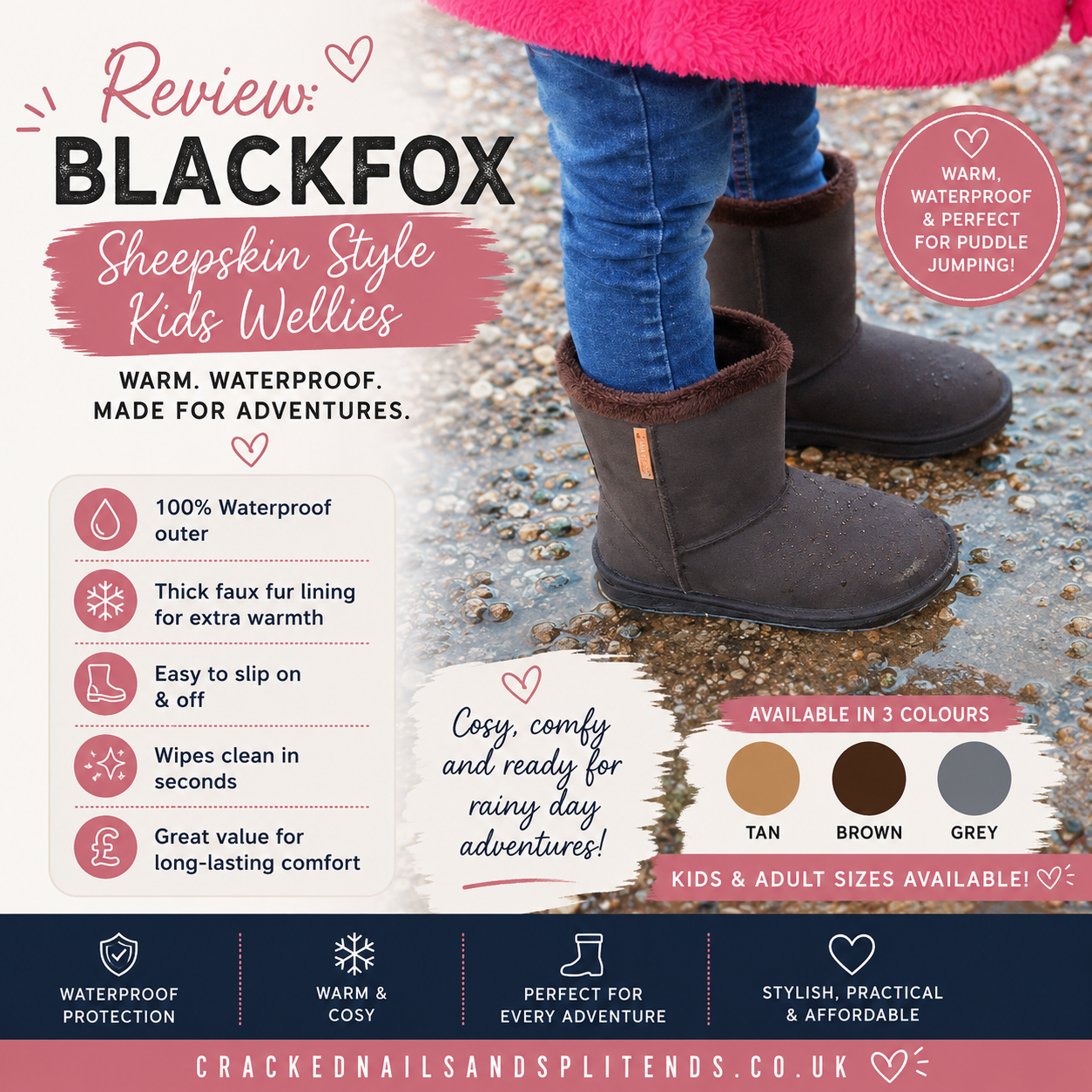 Blackfox Sheepskin Style Kids Wellies review featuring waterproof children’s winter boots with cosy faux fur lining for rainy days and puddle jumping.