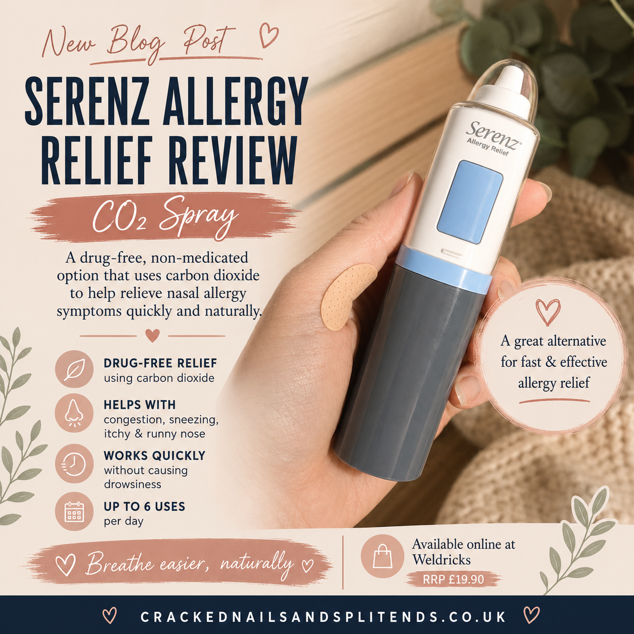 Serenz Allergy Relief CO₂ device held in hand with editorial blog graphics promoting a drug-free option for nasal allergy and hay fever relief.