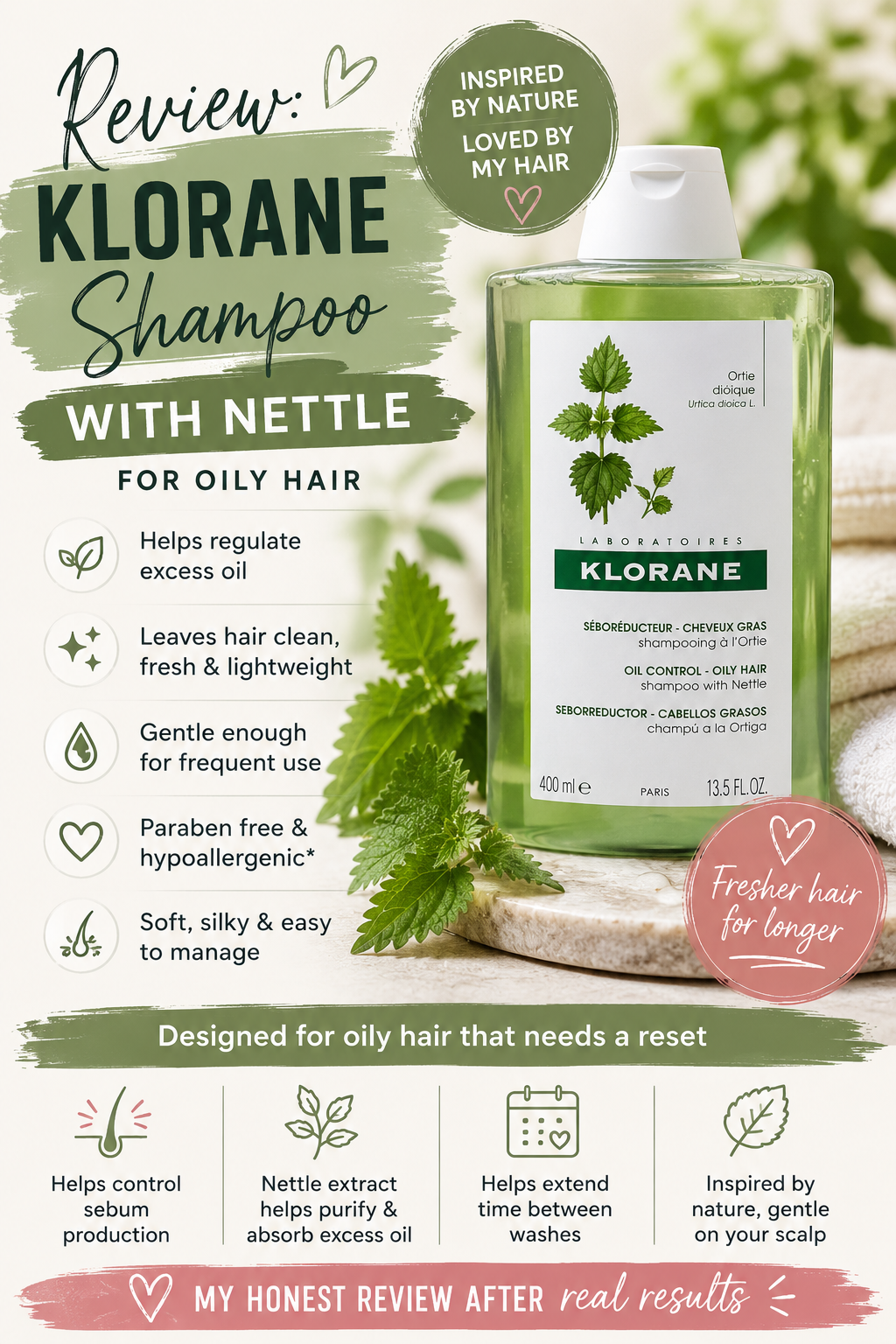 Klorane Shampoo with Nettle review, highlighting its benefits for oily hair, greasy roots and keeping hair fresher between washes.