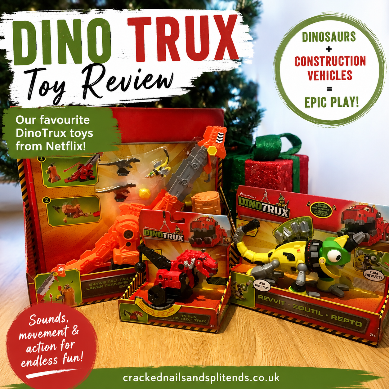 DinoTrux toys review featuring Skya's Tall Tail Slide playset, Revvit and Ty Rux dinosaur construction toys