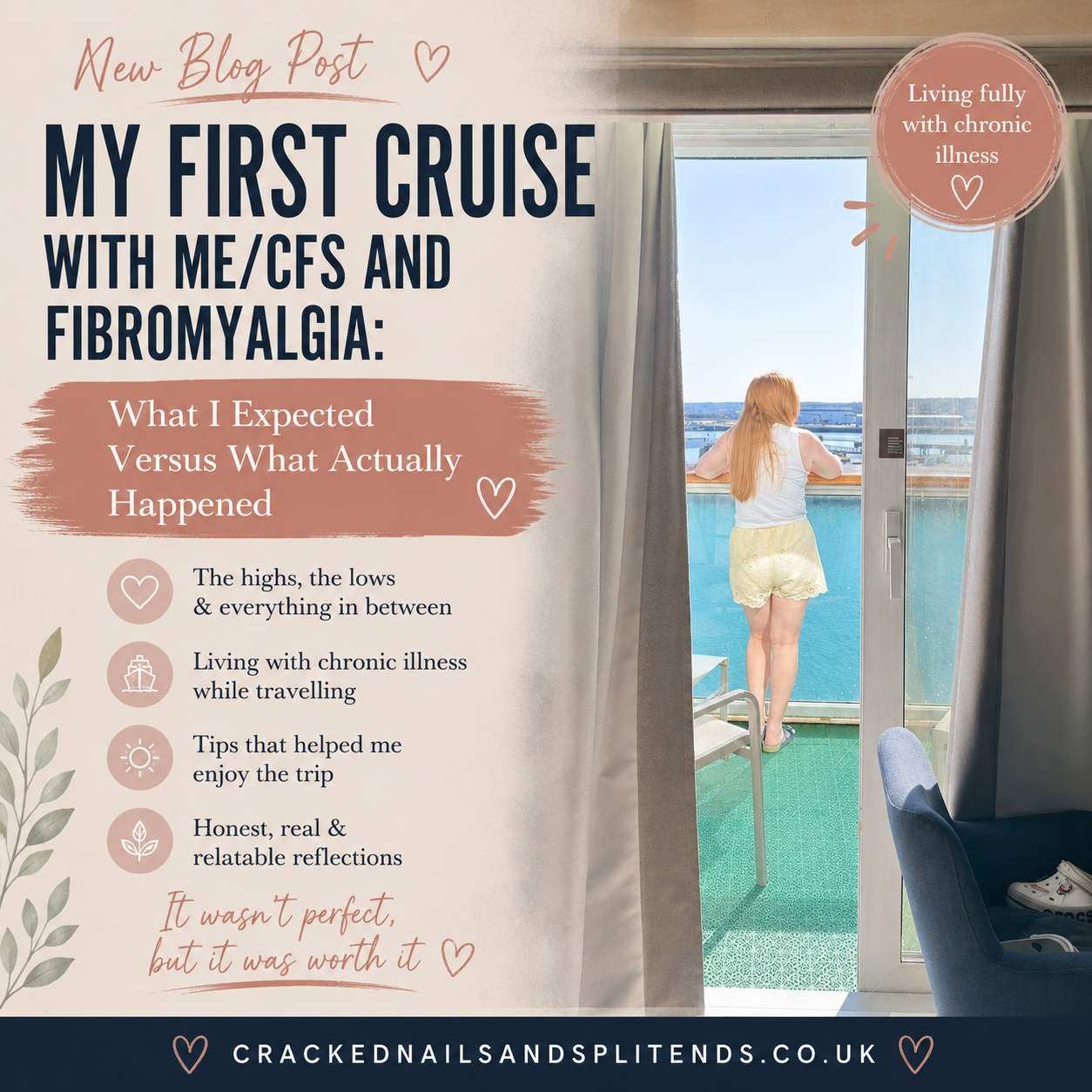 Me standing on a cruise ship balcony during sunset while managing ME/CFS and fibromyalgia on a family holiday.