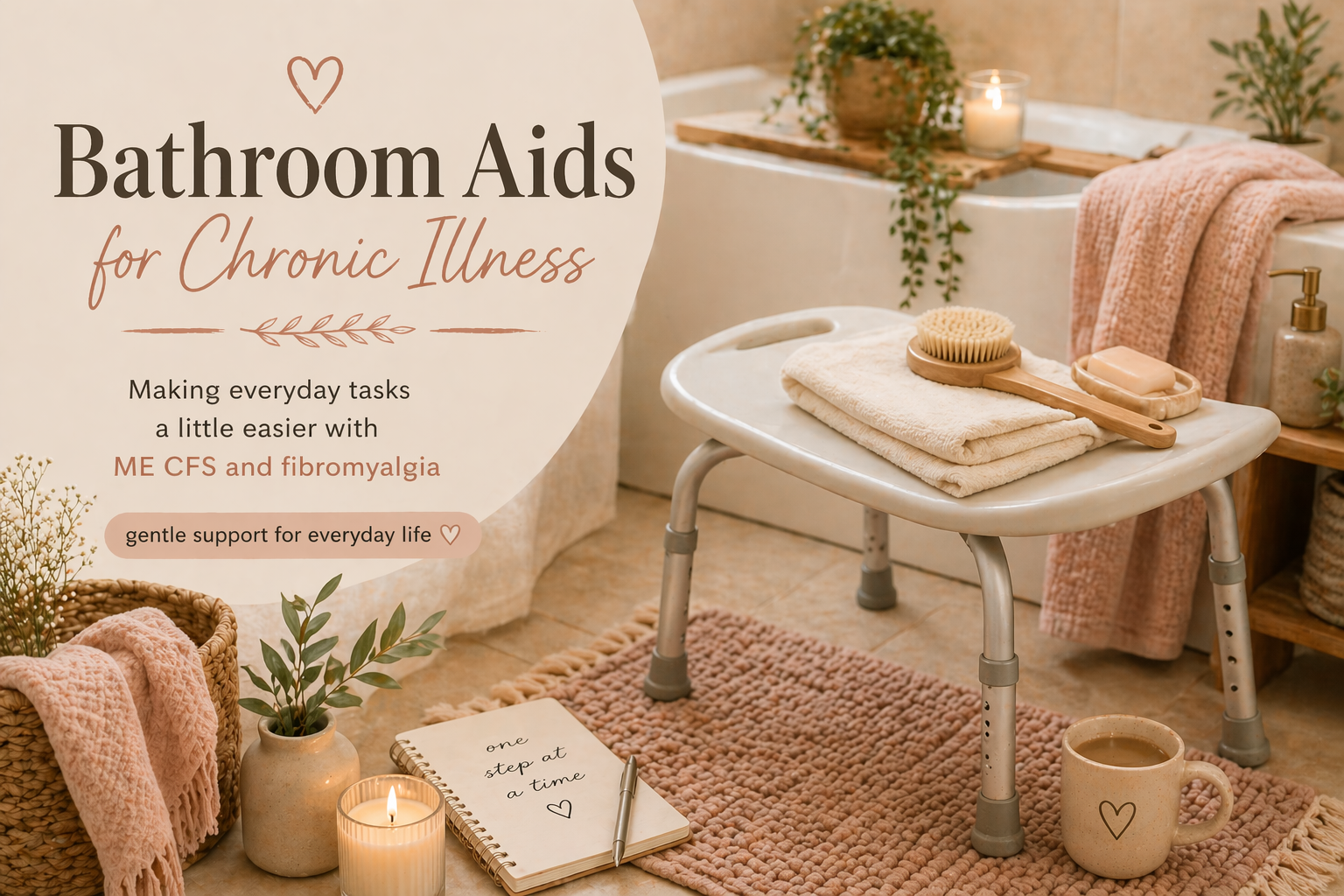 Bathroom aids for chronic illness including a shower stool, towels, and bath accessories in a soft neutral bathroom setting with text about ME CFS and fibromyalgia support