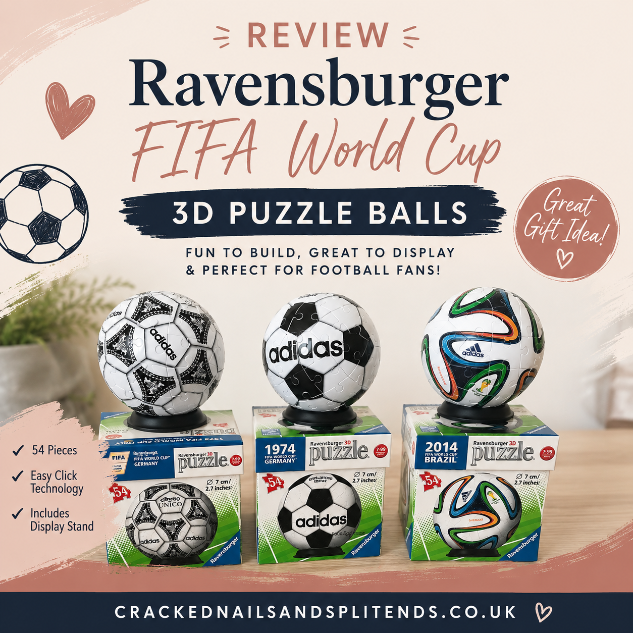 Completed Ravensburger FIFA World Cup 3D Puzzle Balls displayed on their stands after being built together as a family.