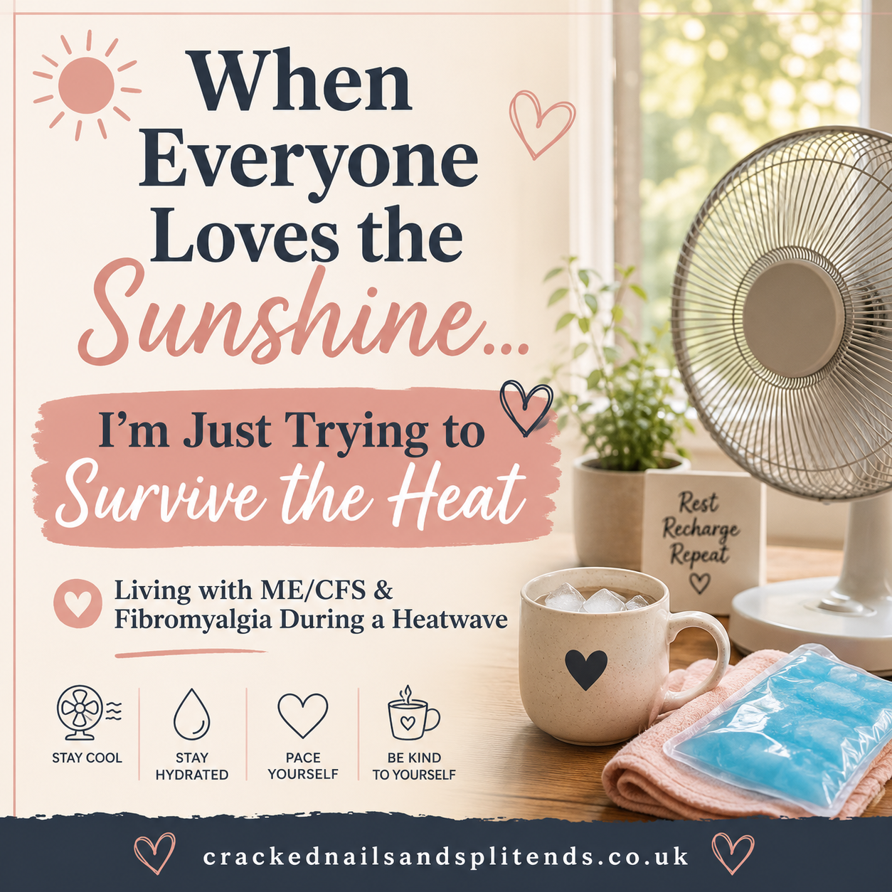 Illustration about coping with chronic illness and hot weather, sharing practical heatwave tips for people living with ME/CFS, fibromyalgia and heat intolerance.