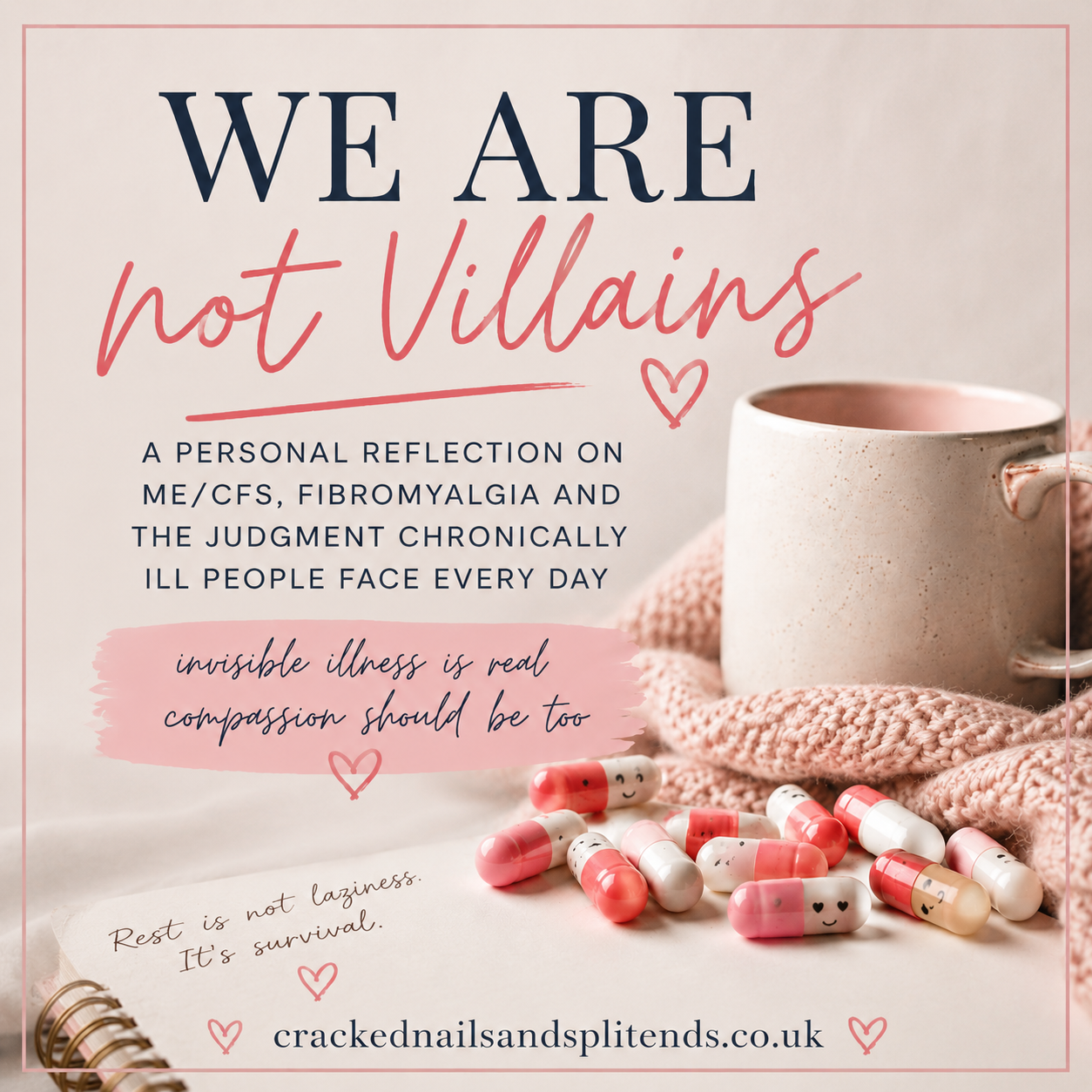 Pastel chronic illness blog graphic with a mug, pink blanket, capsules, and text about ME/CFS, fibromyalgia, and invisible illness.