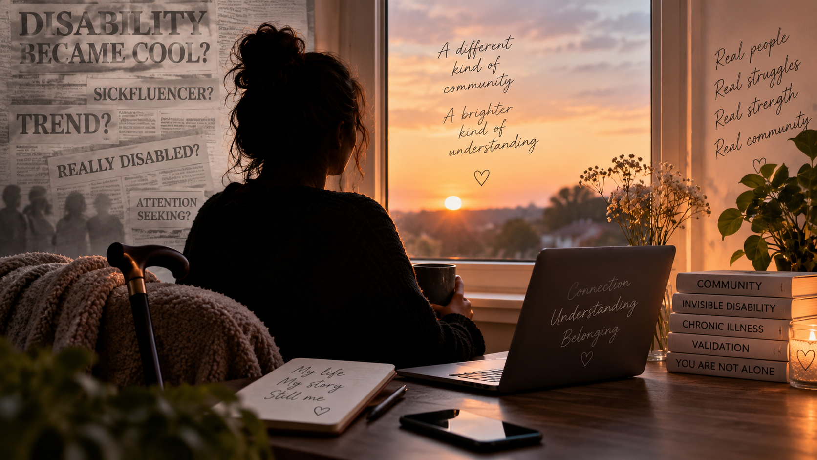 Silhouette of a disabled woman with a walking stick at home, surrounded by messages about invisible disability, chronic illness, community and belonging.