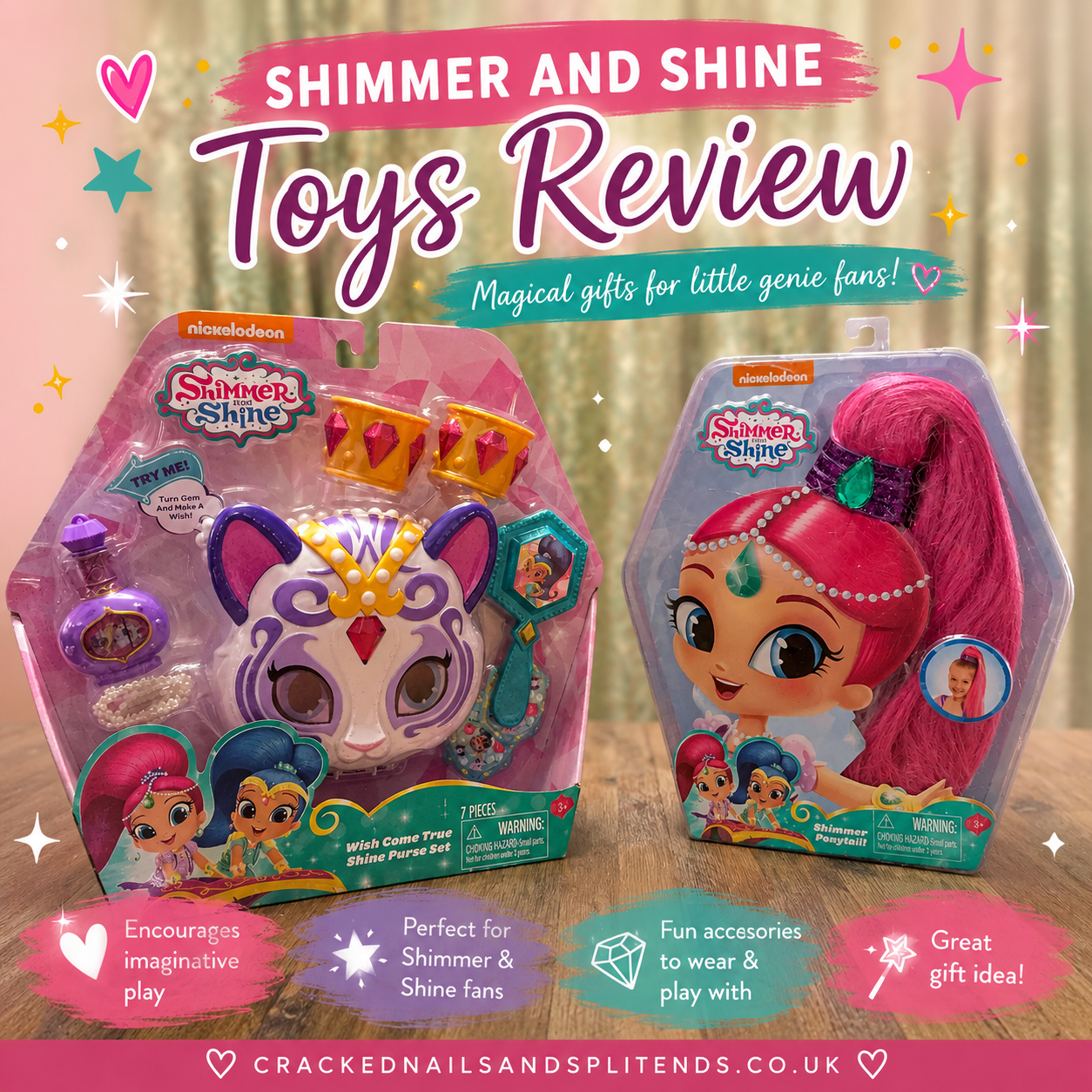 Shimmer and Shine Ponytail Assortment and Wish Come True Purse Set toy accessories displayed for a children's toy review.