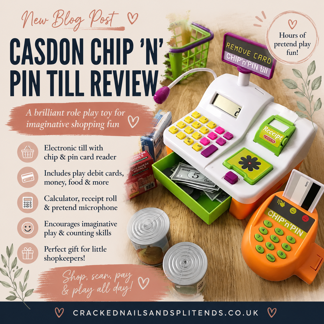 Casdon Chip 'n' Pin Till review graphic featuring an electronic toy till, card reader, play money and shopping accessories for imaginative role play.