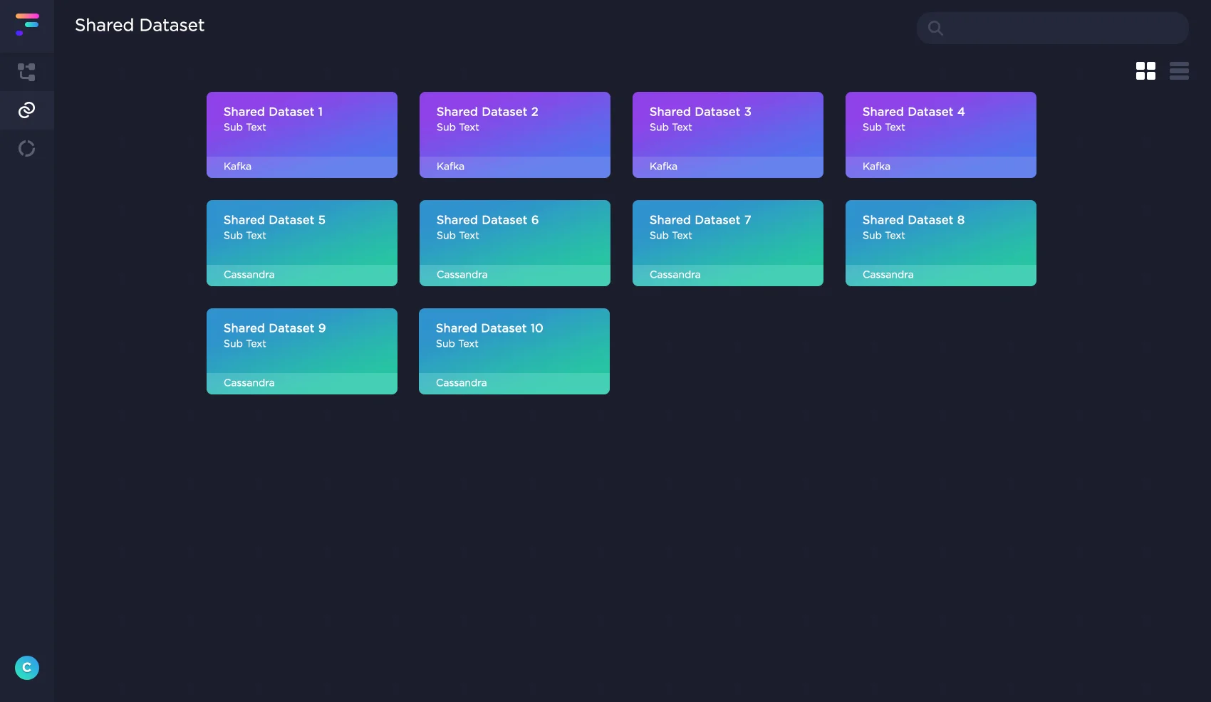 The Shared Dataset page displays a compilation of shared datasets from across multitudes of different Flows. This feature provides users a catalog of shared resources that allows them to reuse data between flows and connect flows together.