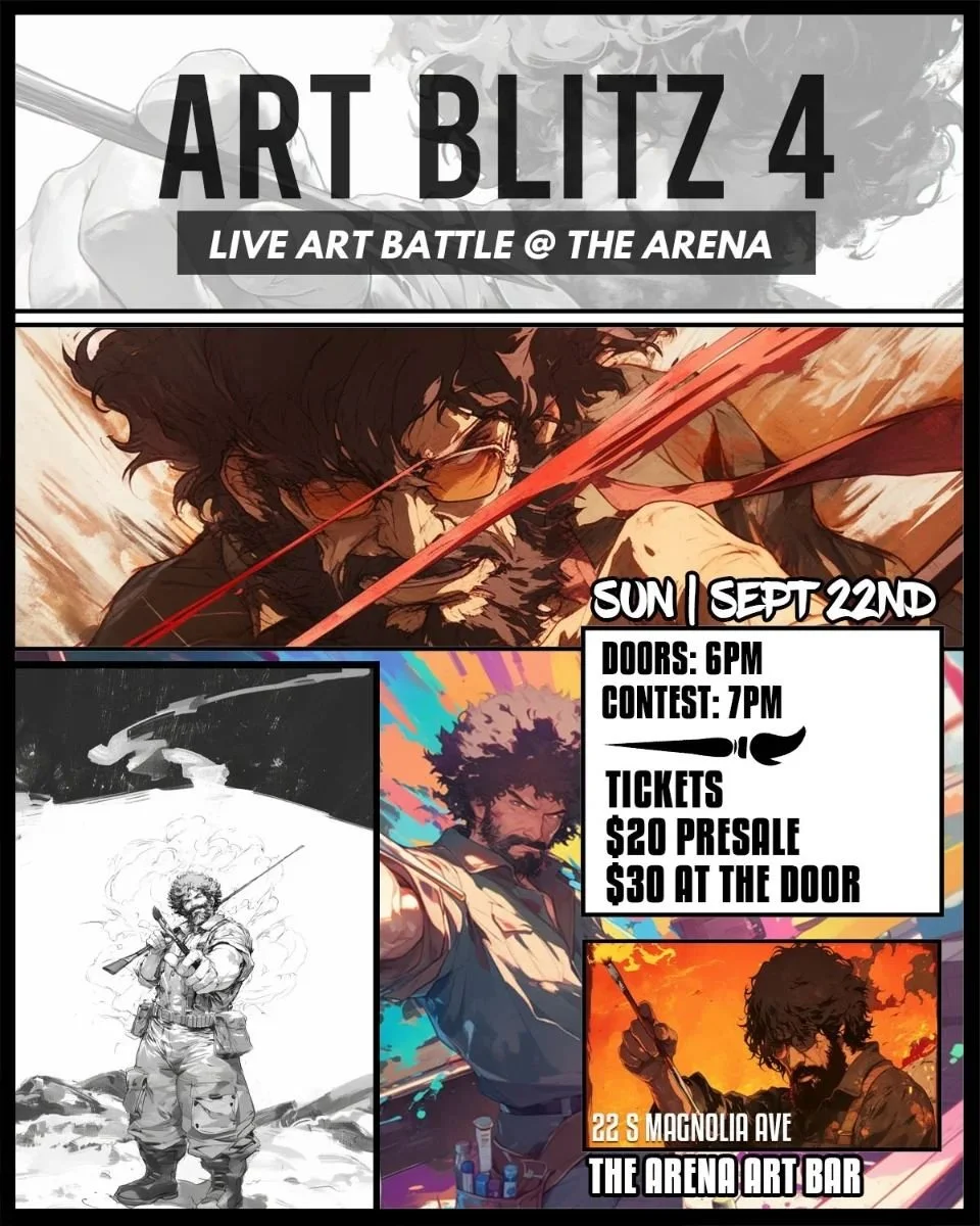 This Sunday September 22nd is Art Blitz - A Live Art Battle!
This is a family friendly event! 
Doors open at: 6pm
Contest starts at: 7pm

8 Artists compete by creating a work of art on canvas over 3 rounds within an allotted time frame.

Come out and