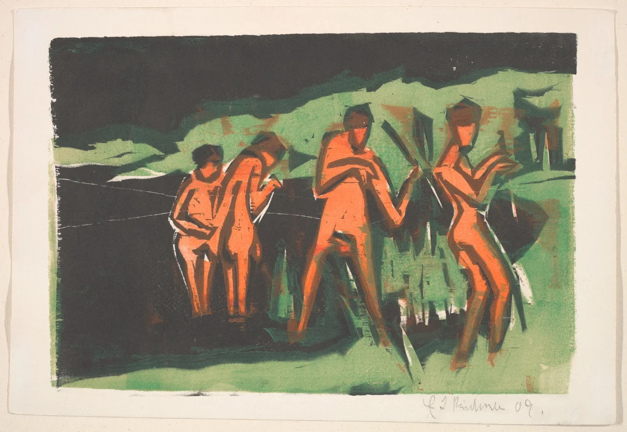 Ernst Ludwig Kirchner - Bathers Throwing Reeds - Wood engraving - 1909