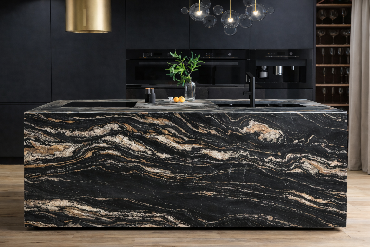 Sleek black granite kitchen island.png