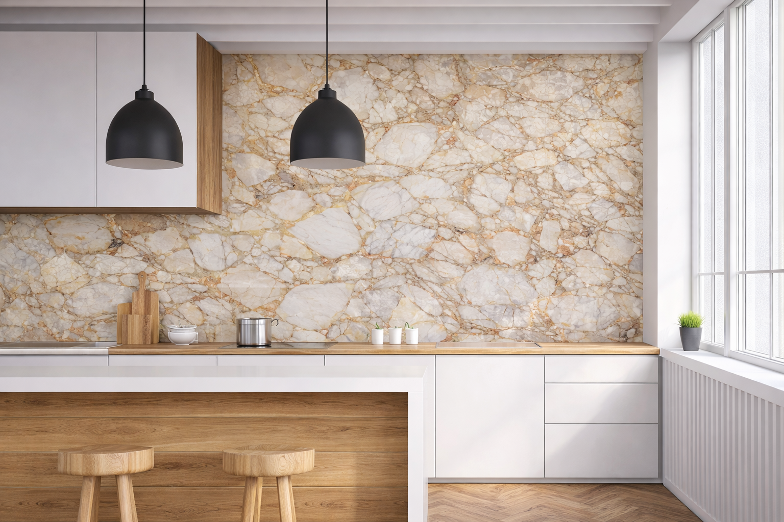 Modern kitchen with Breccia marble backsplash.png