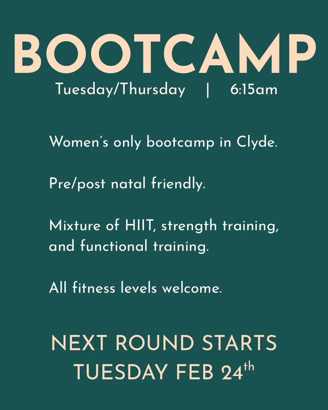 BOOTCAMP 2026 ROUND TWO STARTS TUESDAY FEBRUARY 24th!
.
Women&rsquo;s only Bootcamp.
Located in Clyde. 
Classes capped at 6 people, so get in quick!
.
DM me today to secure your place ☺️
.
#bootcamp #prenatal #postnatal