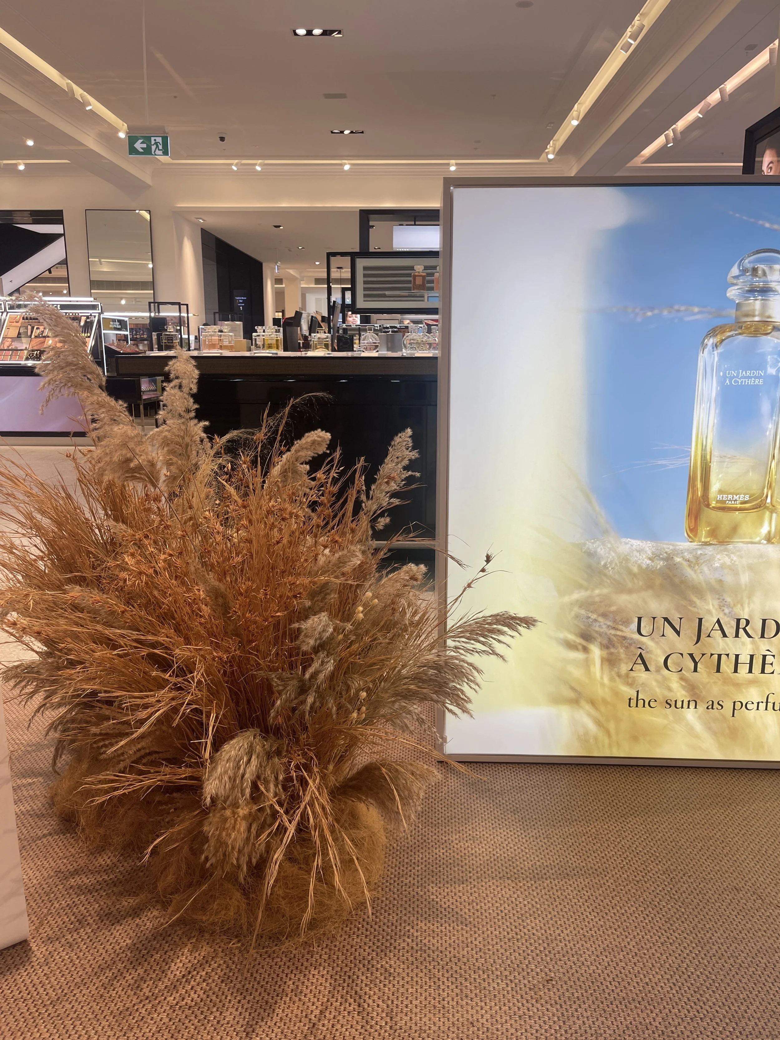 A display in a store with dried pampas grass next to a large advertisement for Hermès perfume with a blue sky background, positioned inside a shopping mall.