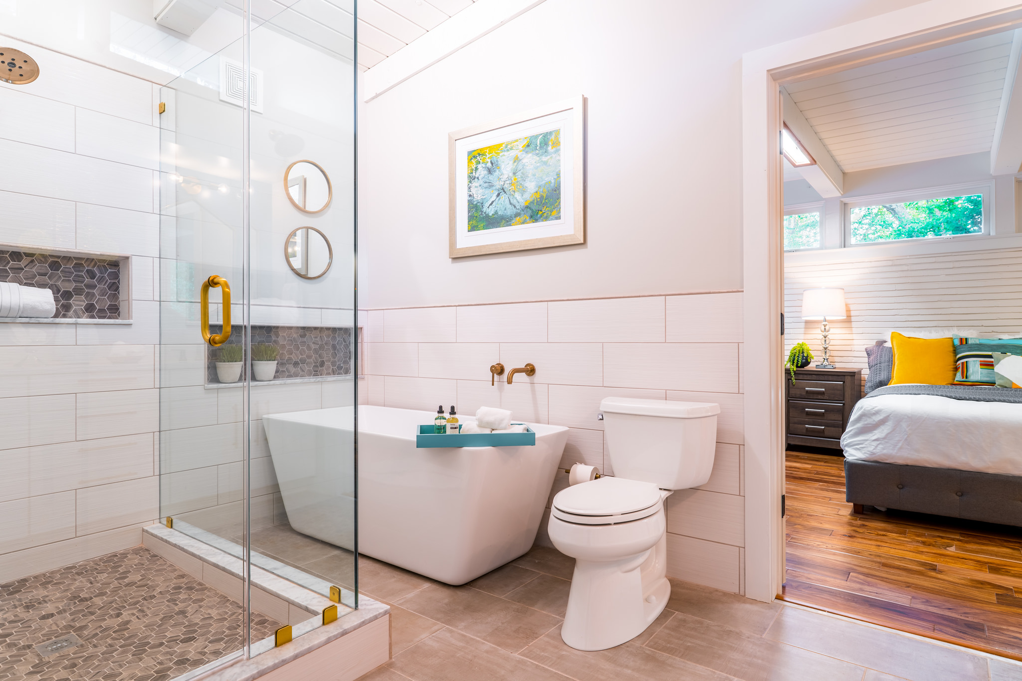 Master bath with large stand-up shower and soaking tub