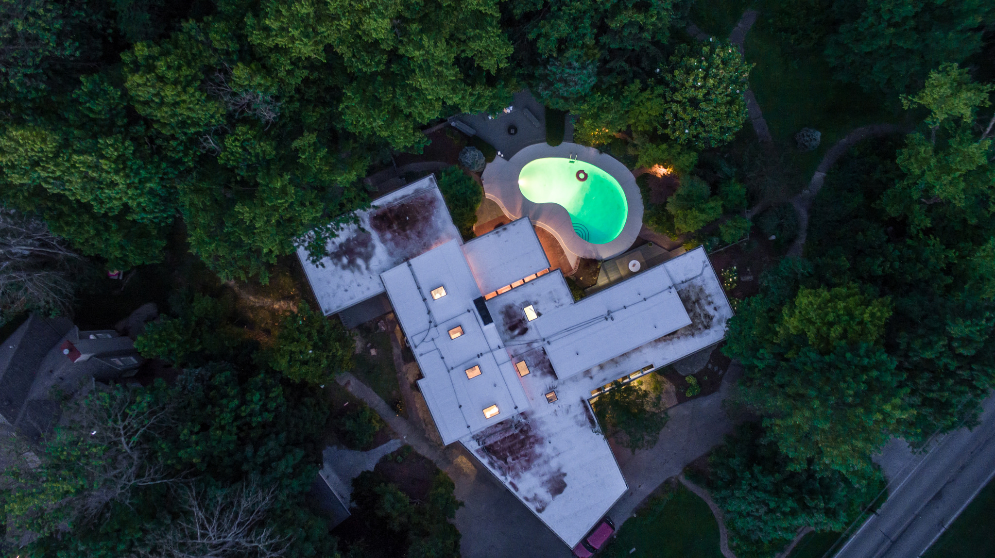 Drone shot of the house at night