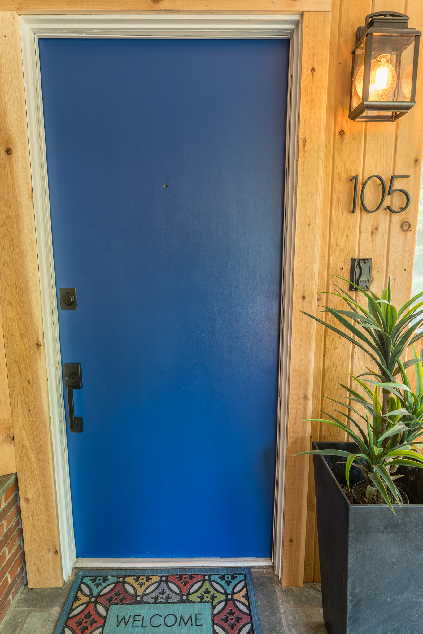 Cedar siding and blue doors