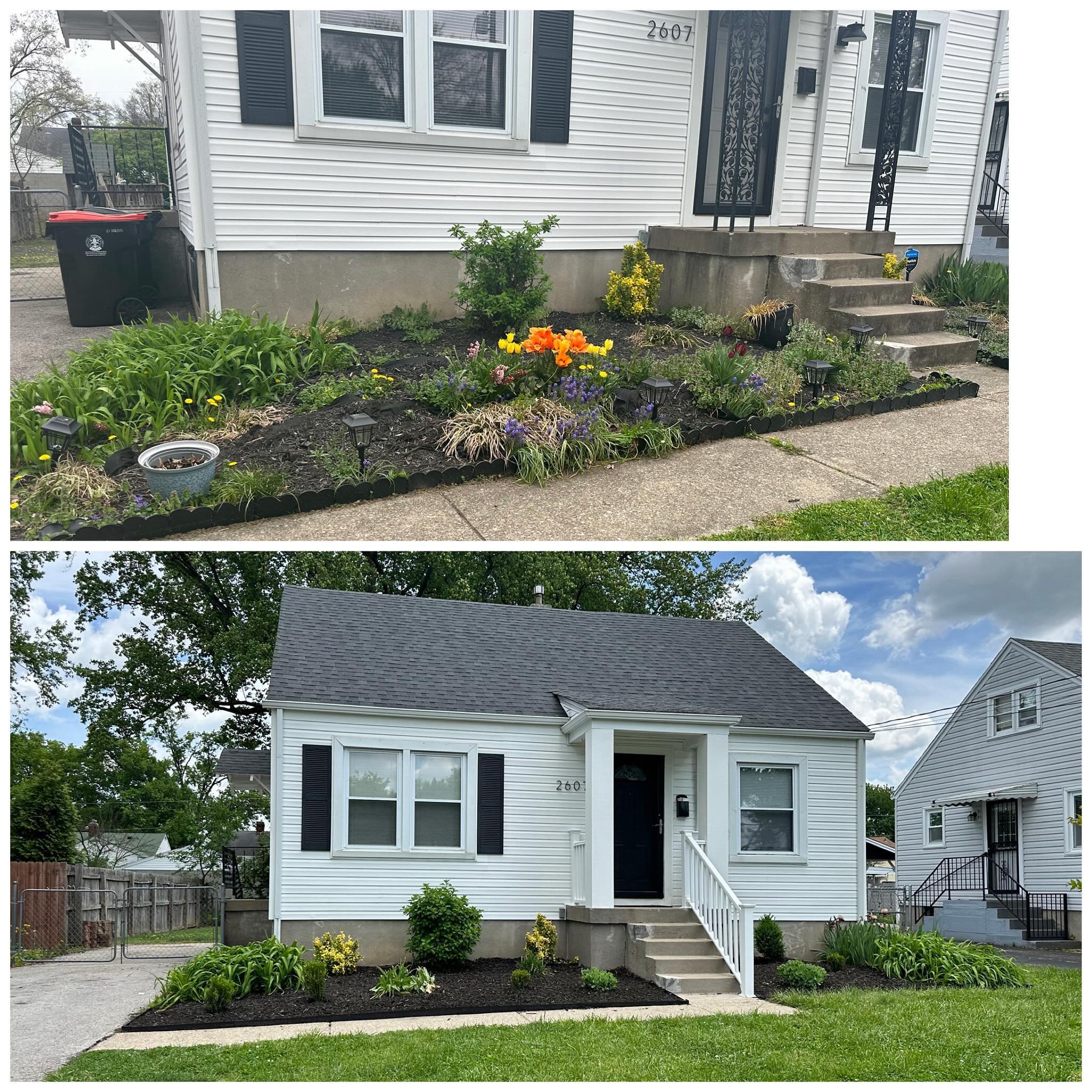 Another #beforeandafter #transformationtuesday!!

My investor client purchased this adorable property last month. The front was very overgrown with tons of weeds, landscaping fabric showing, broken borders, etc.

The front porch was also missing the 