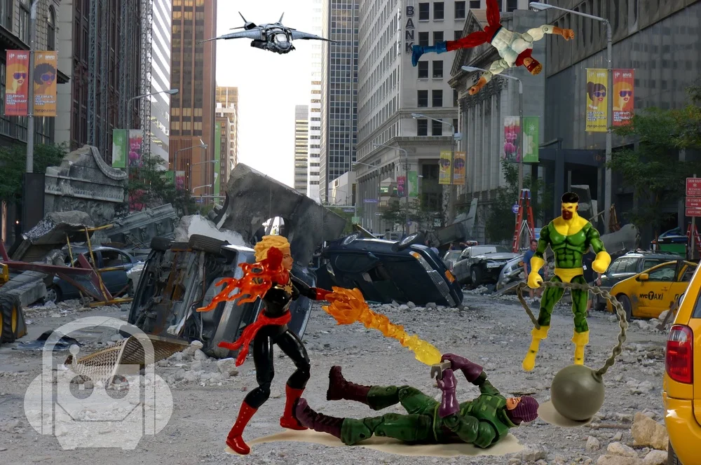 Captain Marvel fighting Wrecker, Piledriver and Thunderball from the Wrecking Crew