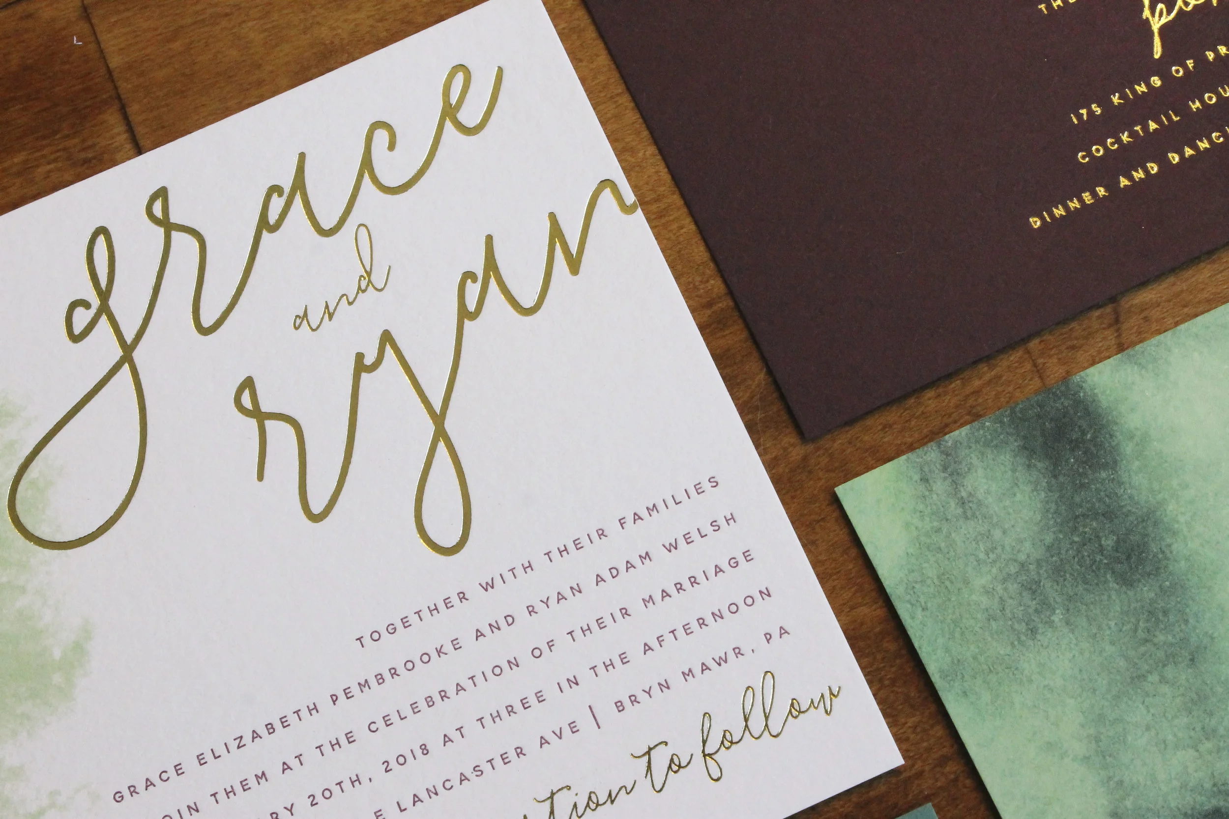Burgundy Green Gold Foil Wedding Invitations
