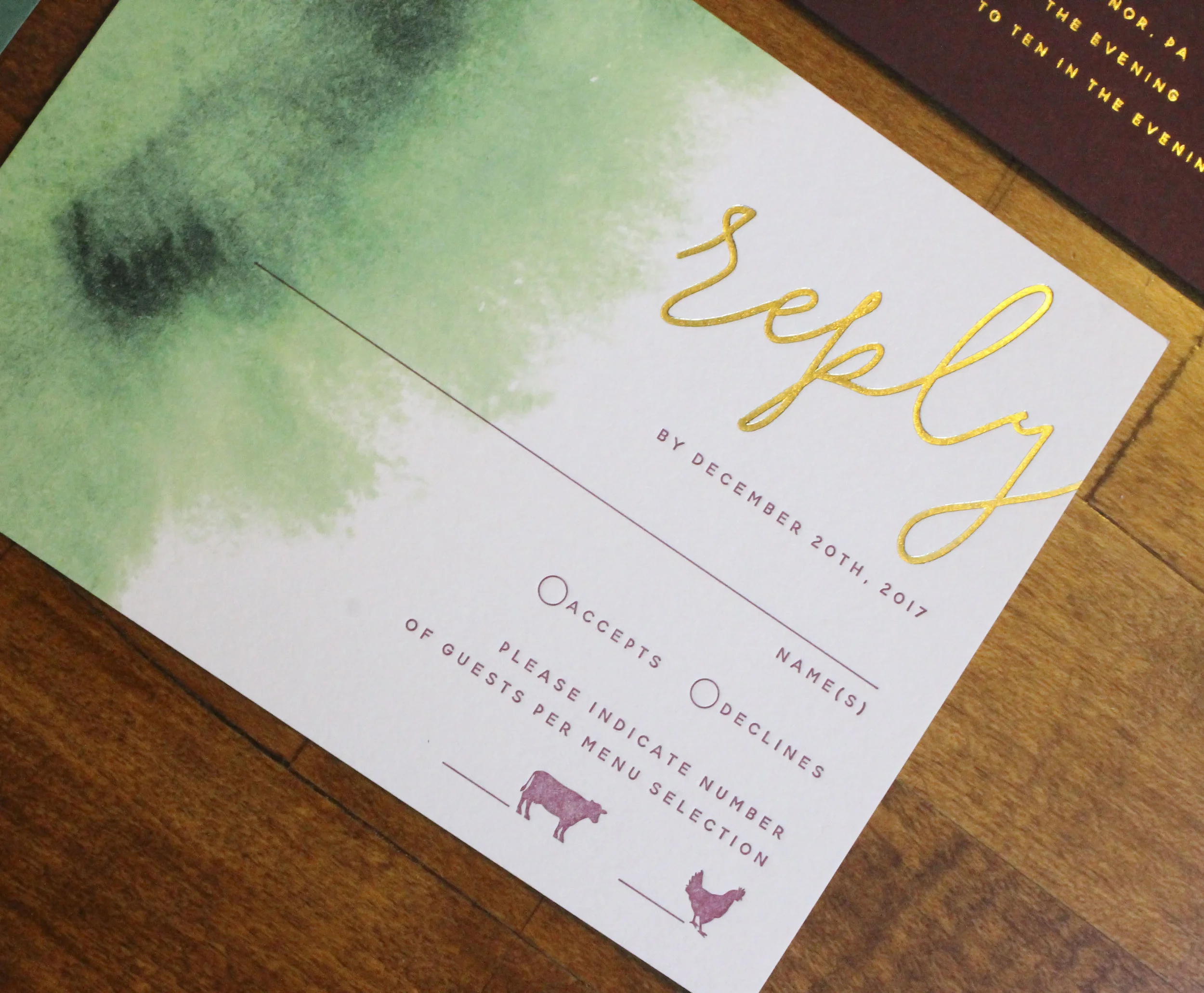 Burgundy Green Gold Foil Wedding Invitations