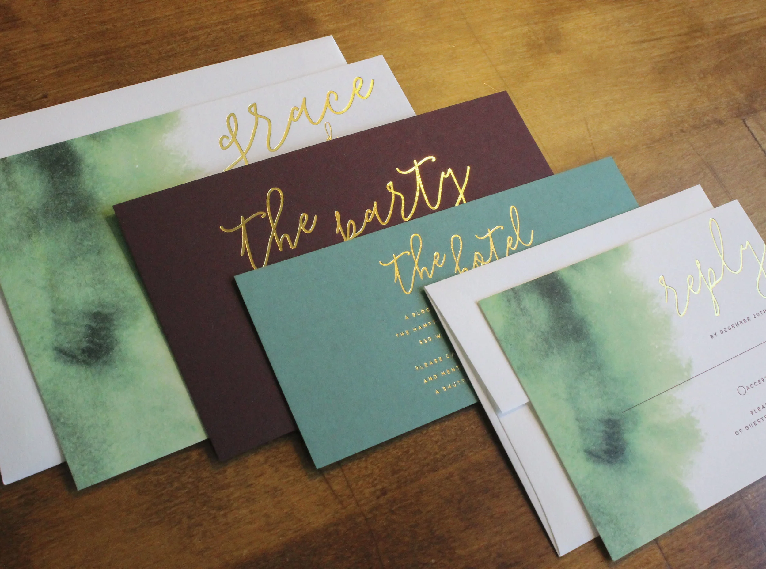 Burgundy Green Gold Foil Wedding Invitations