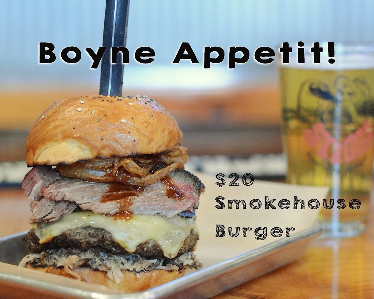This week kicks off the Boyne Appetit! Restaurant Week 🙌 🍻

Enjoy our amazing Smokehouse Burger with chips for $20.  And of course wash it down with a delicious pint of craft beer! 🍺❤️

Available for lunch &amp; dinner through Sunday. 😍
Get out a