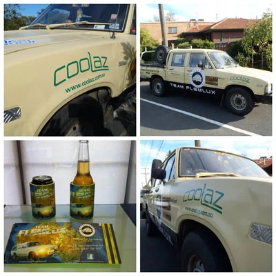 Coolaz subsiidised a few hundred stubby holders and placed a sponsor's decal on the car for its journey up to the Top End