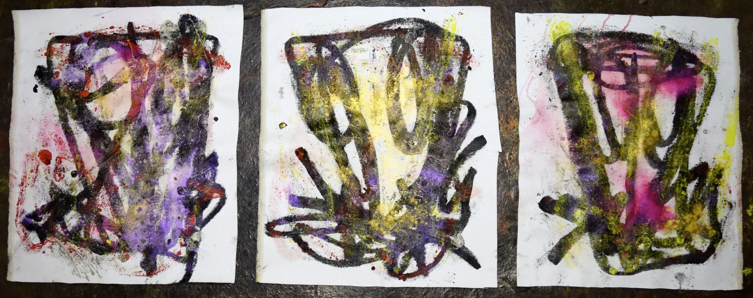 Triptych (Dark Corals) (Bonanza) 1, 2025. Oil and powdered pigment on canvas, 25 X 66 inches