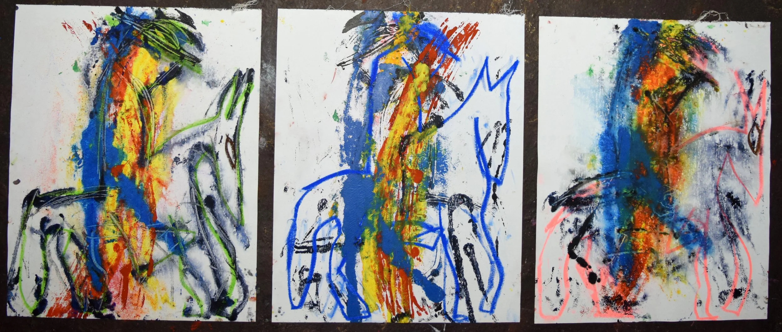 Triptych (Caballero), 2026. Oil, watercolor, and pastel on canvas, 20 X 50 inches