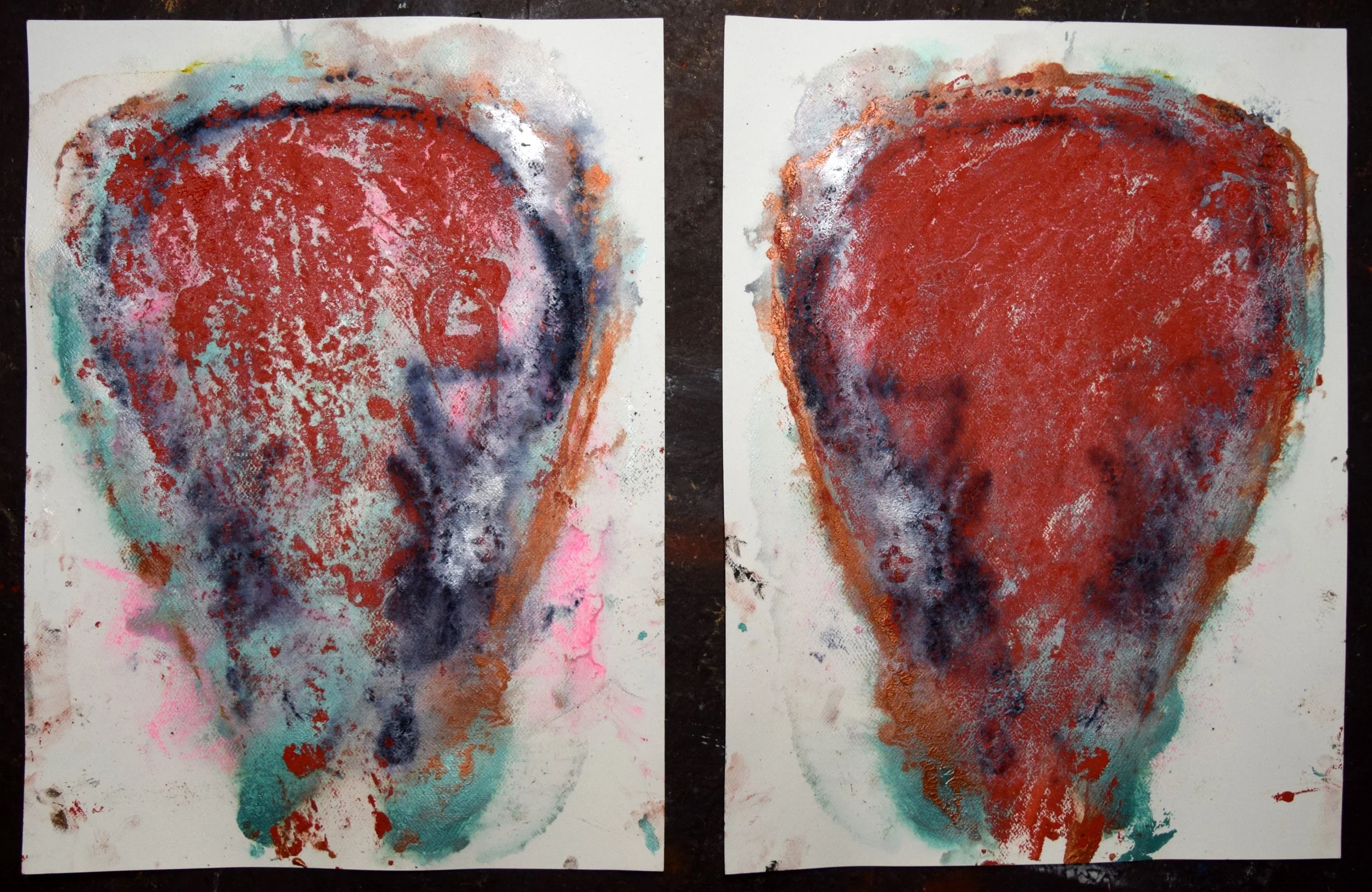 Diptych (Dark Coral), 2026. Oil, watercolor, and pastel on paper, 24 X 38 inches