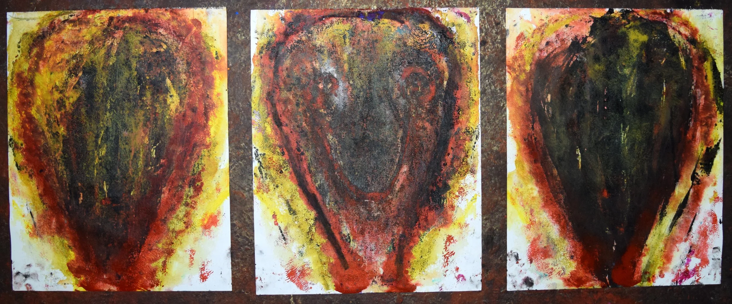 Triptych (Dark Coral) (Red). Oil and watercolor on canvas, 20 X 50 inches