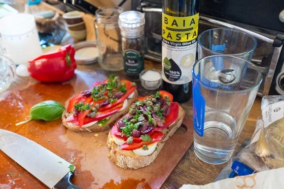 Good quality ingredients are important, too. Like Baia Pasta Extra Virgin Olive Oil from Oakland, CA.