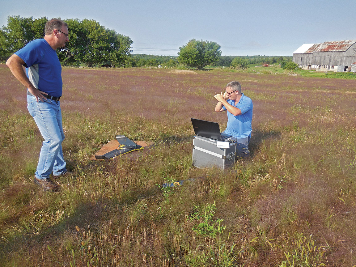 P.A. Miller’s Dave Parks (left) and Kevin Smith work with their new tool. By using an internet mapping program like Goggle Earth the surveyors can design a flight plan for the drone. Photo by Angela Hawn