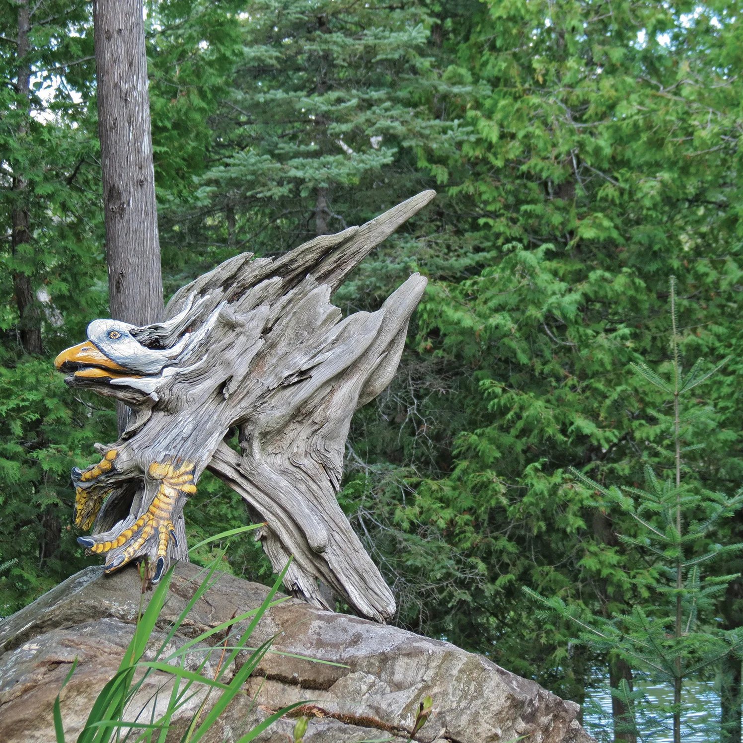 Monteith stops at nothing to obtain her materials, and has been known to jump out of a boat and retrieve a piece of driftwood that will serve as a canvas. This eagle sits in the centre of her garden.