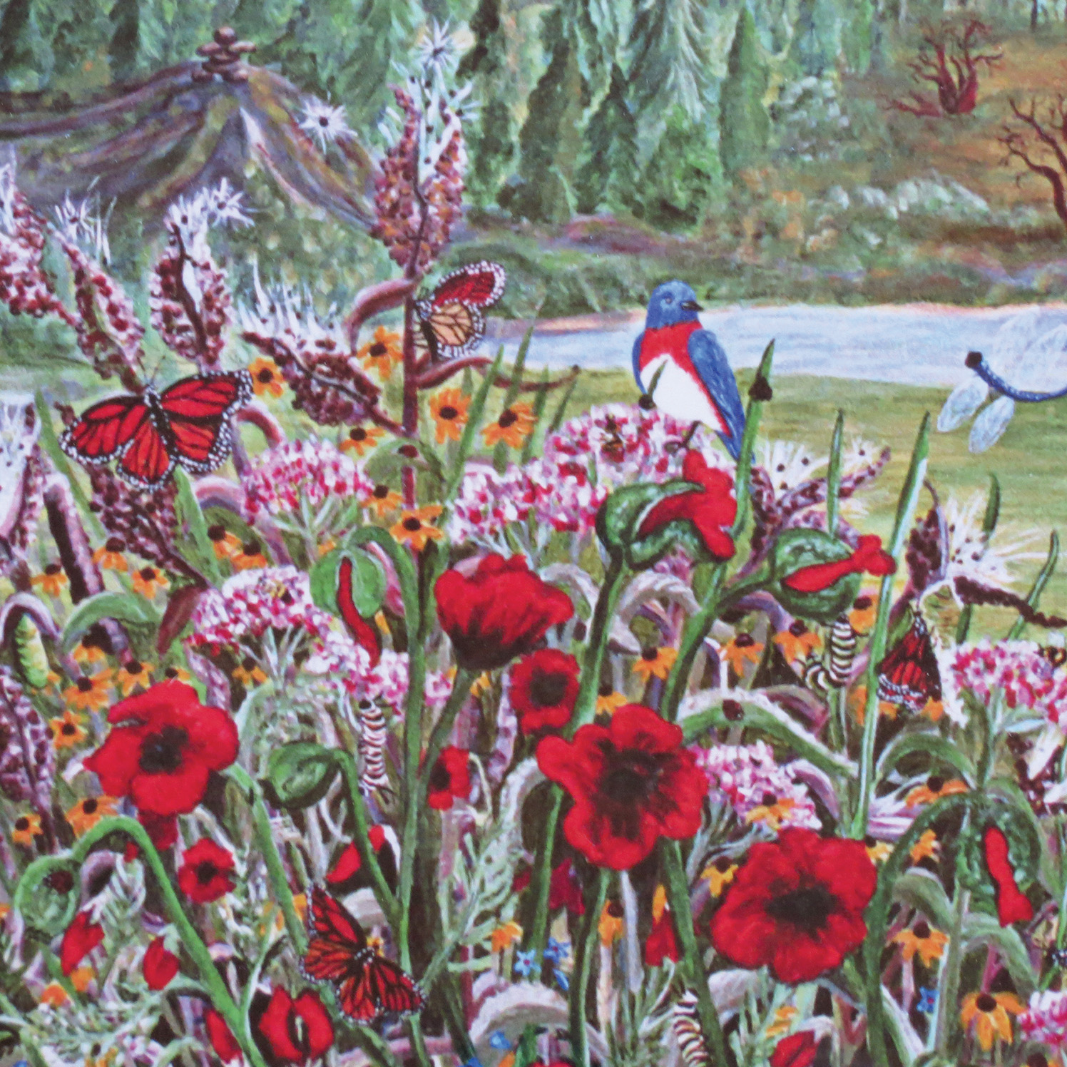 Monteith spent nine months painting a mural for the Joseph Brant Memorial Hospital, where she had spent time as a patient. Poppies and bluebirds were meant to symbolize happiness.