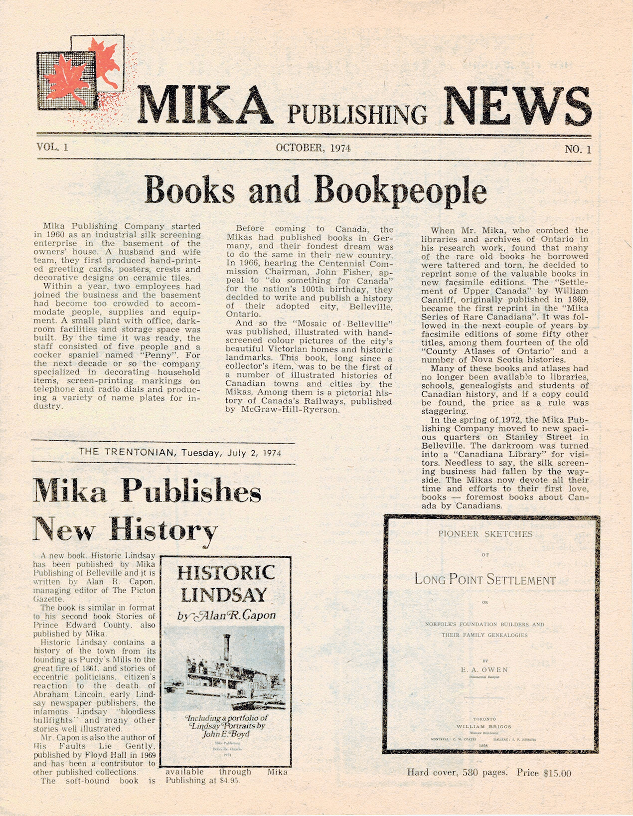 Front page of Mika Publishing News, Vol.1, No.1., October 1974. The Mikas published their first book in 1962