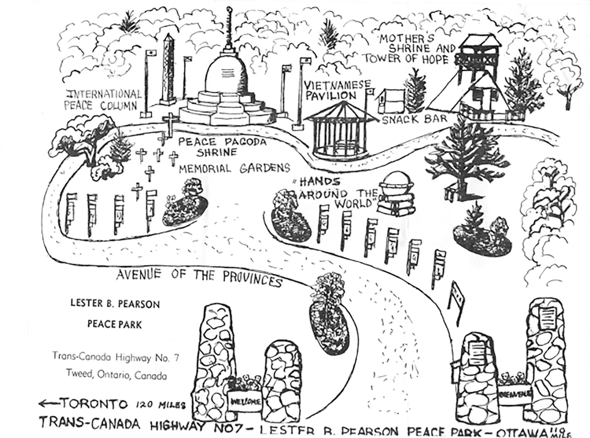 The Peace Park came into being during Canada’s centennial year of 1967, and was named for the prime minister of the time, Lester B. Pearson, who was a recipient of the Nobel Peace Prize. Sketch map courtesy Evan Morton, Tweed & Area Heritage Centre and The Tweed News