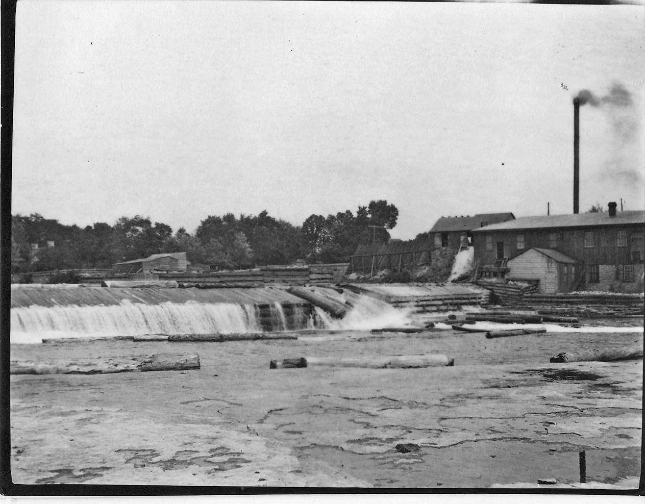 One of Edward Rathbun’s novel business strategies was to set up dams along waterways and restrict the spring runoff, so that log driving could continue well into the summer. Photos courtesy Community Archives of Belleville and Hastings County