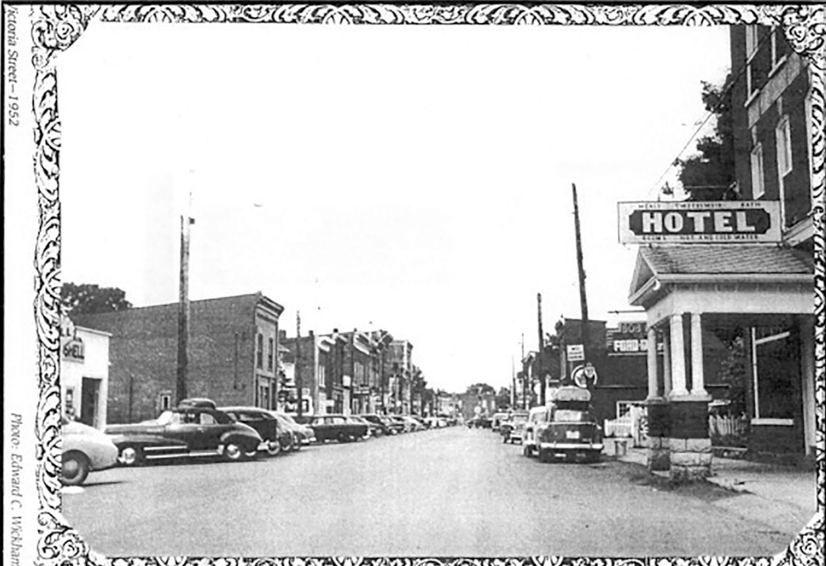 This 1952 photo shows the inviting wide main street of Tweed with the Tweedsmuir Hotel sign plainly visible. Photographer not identified. Photo courtesy Lewis Gaylor Collection (Gaylord Hardwood Flooring)
