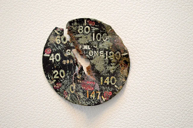 An aerial artifact that held important clues, a 147 gallon fuel gauge. Photo by Sven Polkläser.