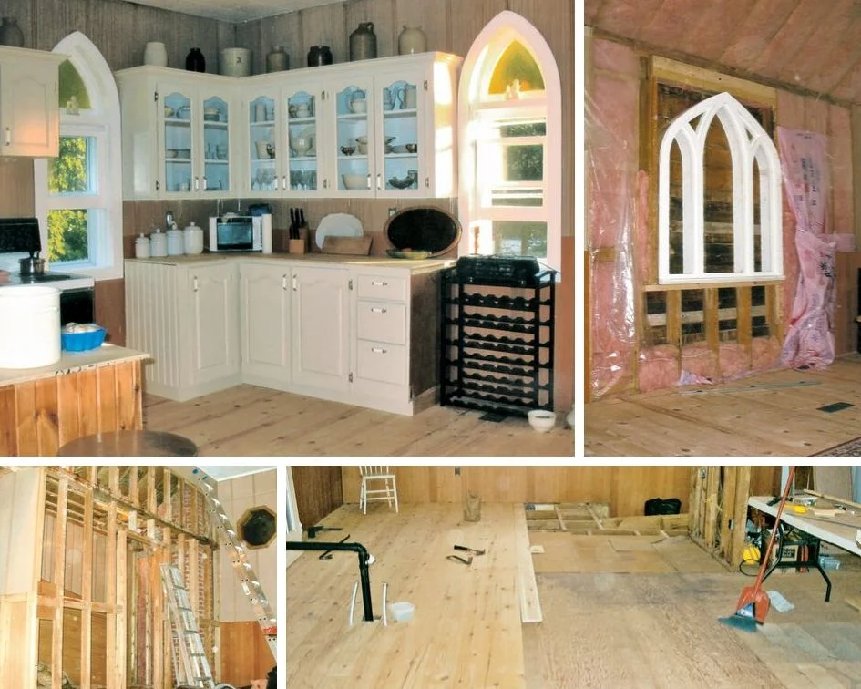 Top left: A lovely, comfortable style kitchen became host to visitors popping by for a look at the ongoing renovation. Top right: With an eye for design and light effects, moving the window was going to prove to be a challenge, but Patrick Nash was up to the task in order to create his vision. Bottom left: Once the walls were stripped bare to the studs, there was no turning back and the renovation was in full force. Bottom right: Intensive labour cannot be under-estimated when each floor board has to be pulled up and replaced. Photos courtesy Nancy Woodall.