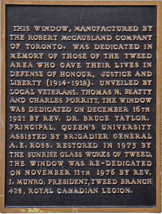 The memorial plaque honouring World War I soldiers. Photo credit: Jozef VanVeenen.