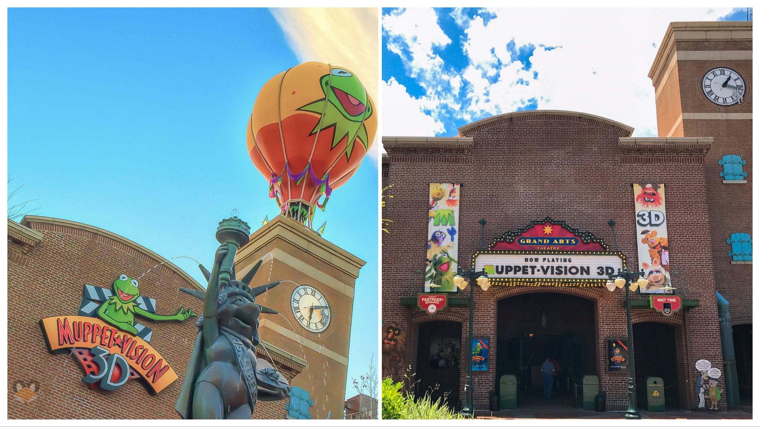 On the left you have the old Muppet Vision 3D marquee with that iconic Kermit hot air balloon perched high above the building. On the right you'll see the new Grand Arts Theater signage. The balloon never made it back into the themeing. 