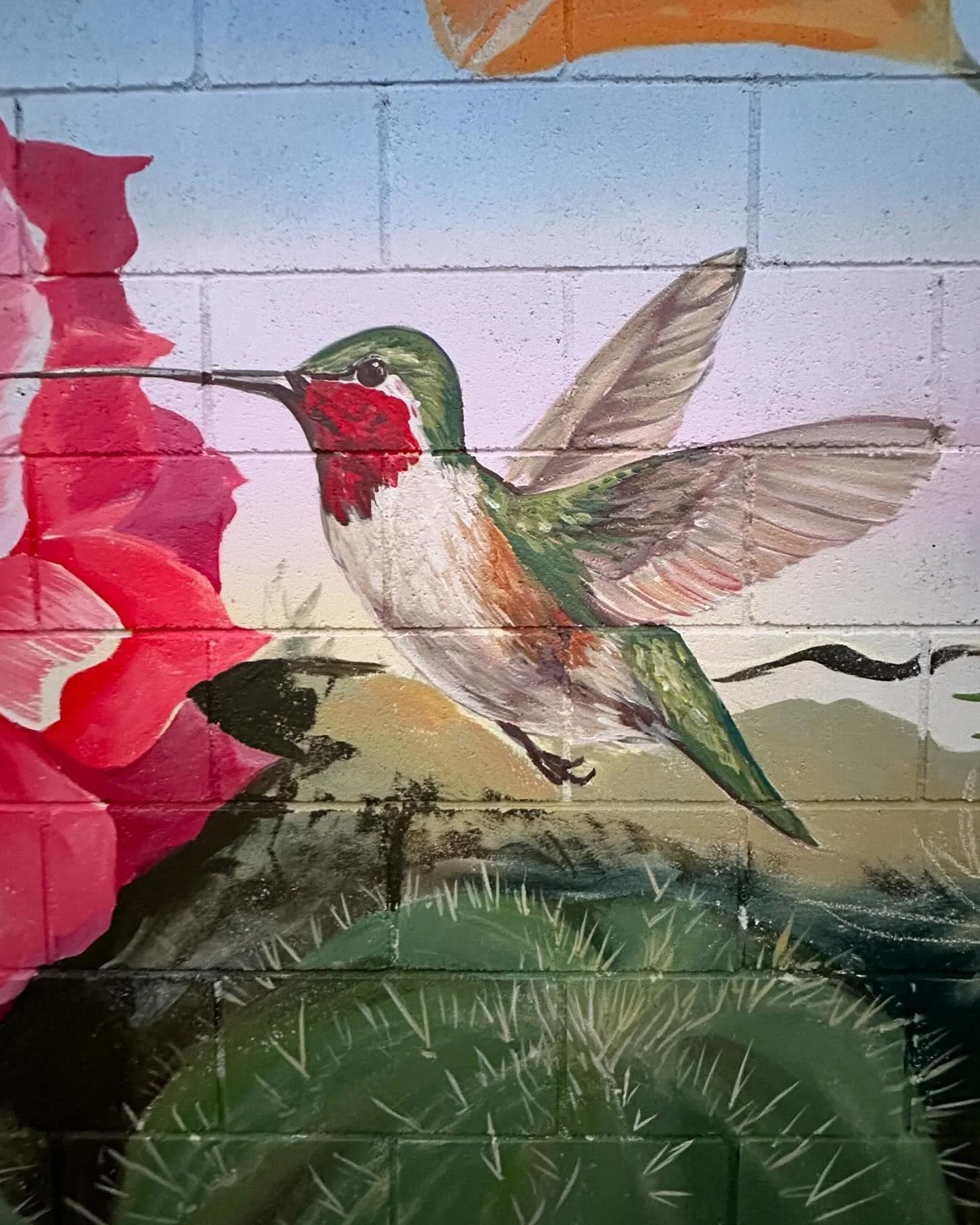 Palm Springs Desert Mural in full affect. California poppies with cactus flowers and this little hummingbird 💗